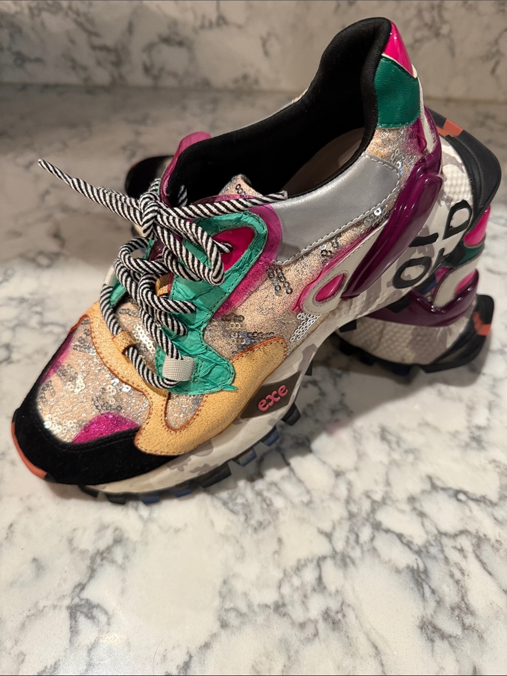 Chunky Multicolor Women's Sneaker with Sequins - Green/Pink/Gold